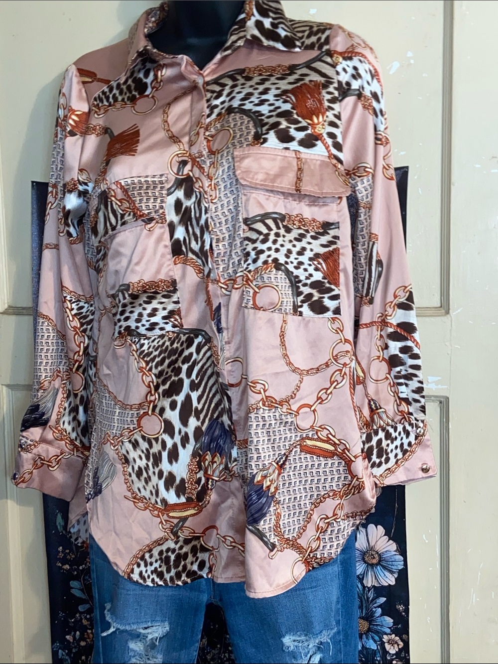PINK CHAIN LEOPARD PRINT Button Down Blouse Long Sleeve Fashion Nova